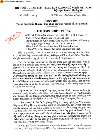 Công điện chủ động triển khai các biện pháp ứng phó với bão số 12 và mưa lũ