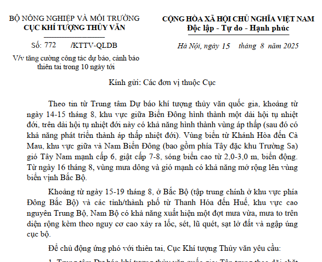 Cục Khí tượng Thủy văn tăng cường công tác dự báo, cảnh báo thiên tai trong 10 ngày tới