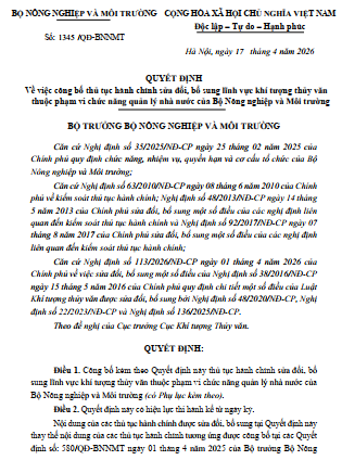 Bộ Nông nghiệp và Môi trường công bố thủ tục hành chính sửa đổi, bổ sung lĩnh vực khí tượng thủy văn thuộc phạm vi chức năng quản lý nhà nước 