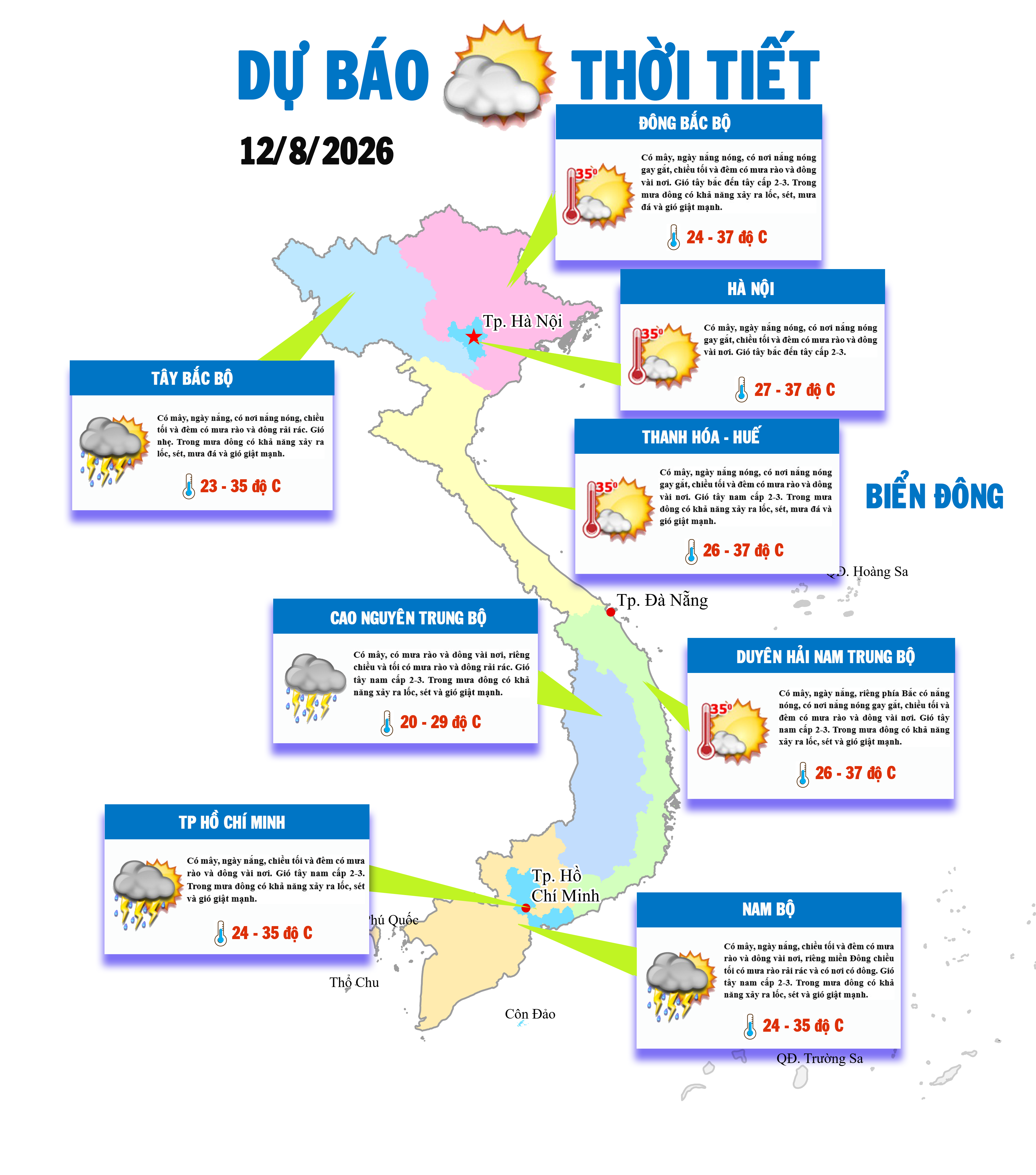 Bắc Bộ nắng nóng, chiều tối cao nguyên Trung Bộ và Nam Bộ mưa dông lúc chiều tối 