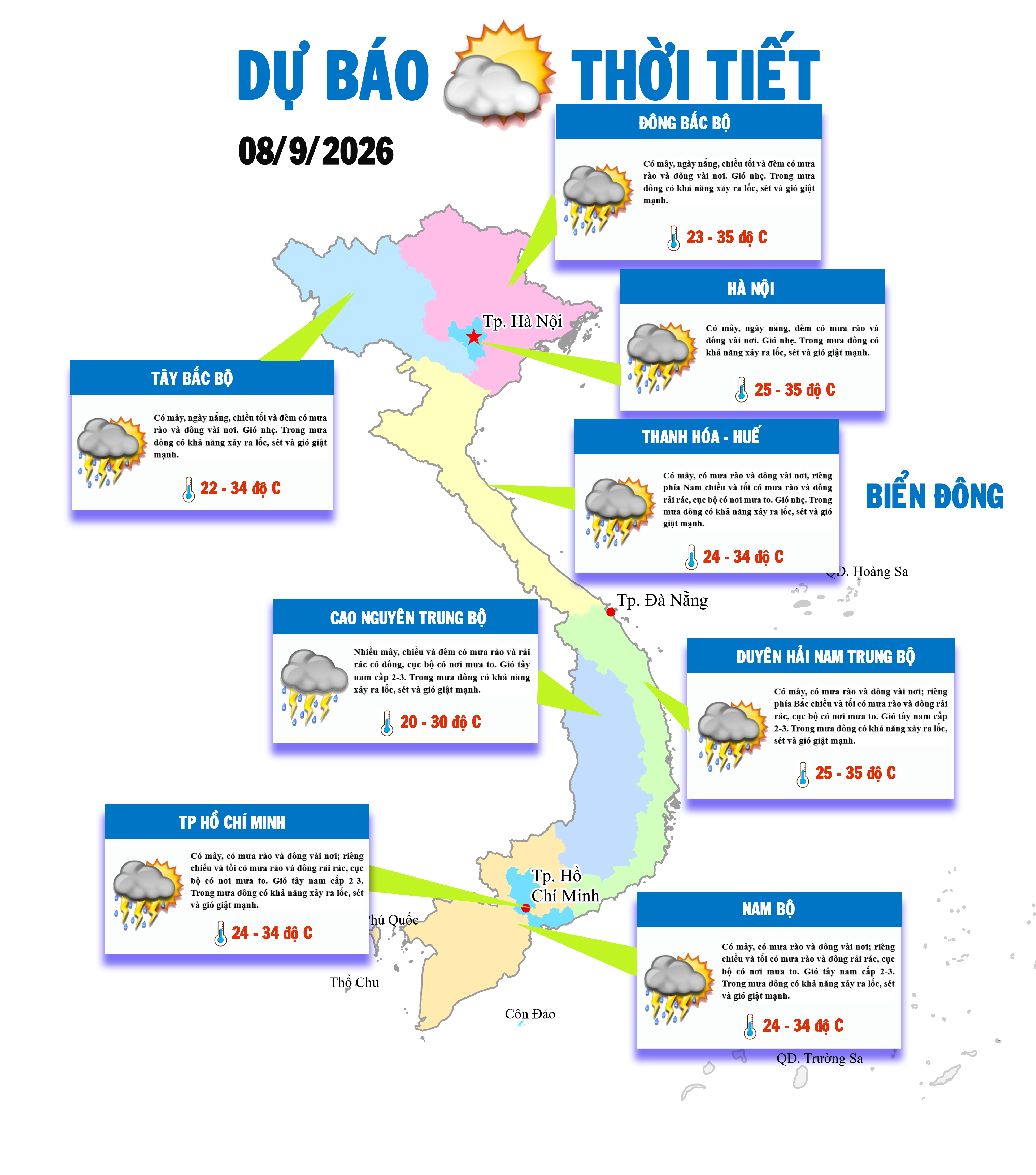 Trung Bộ và Nam Bộ mưa dông, nhiều nơi mưa to