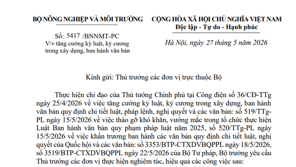Tăng cường kỷ luật, kỷ cương trong xây dựng, ban hành văn bản quy phạm pháp luật của Bộ Nông nghiệp và Môi trường