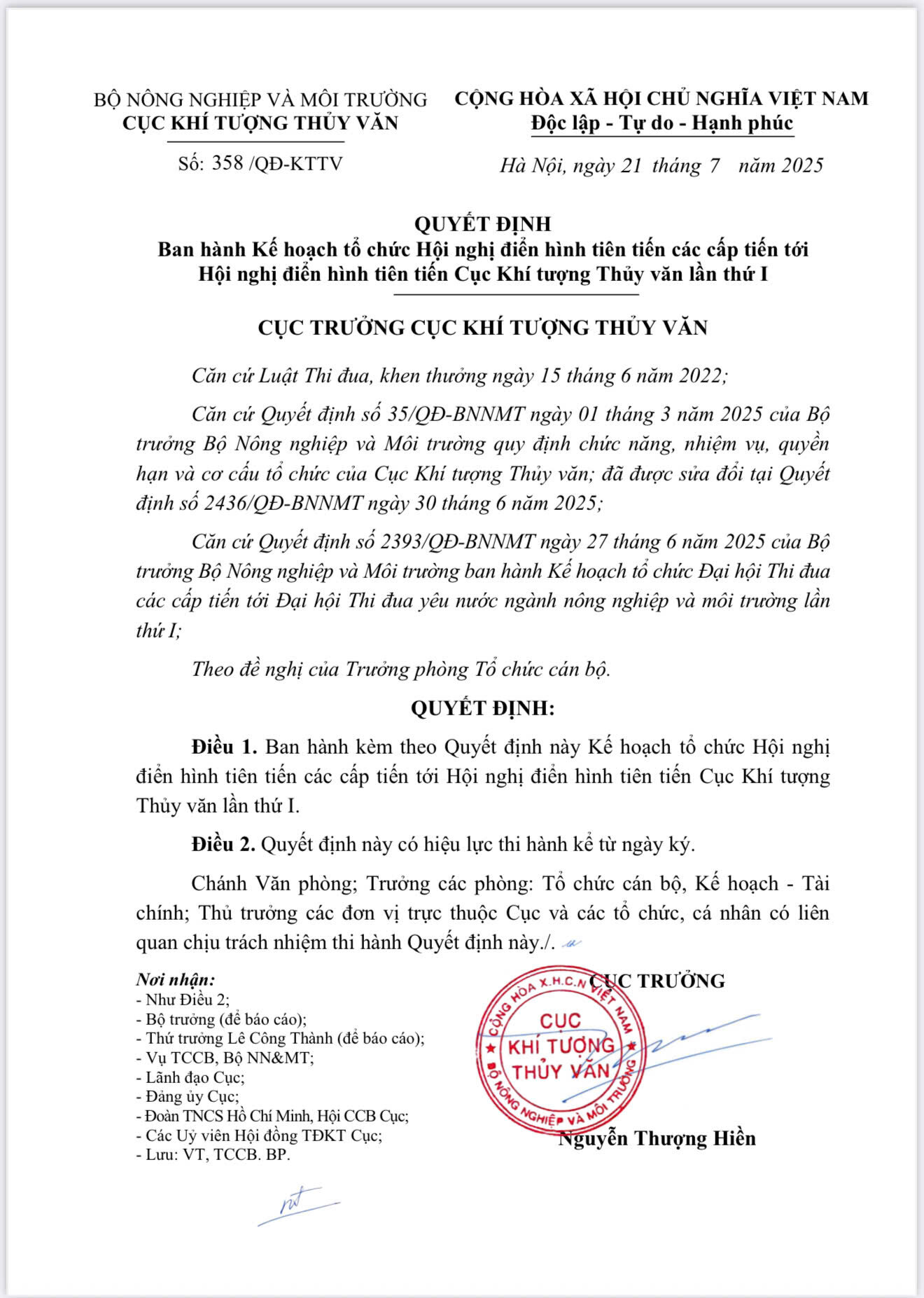 Cục Khí tượng thuỷ văn Ban hành Kế hoạch tổ chức Hội nghị điển hình tiên tiến các cấp tiến tới Hội nghị điển hình tiên tiến lần thứ I