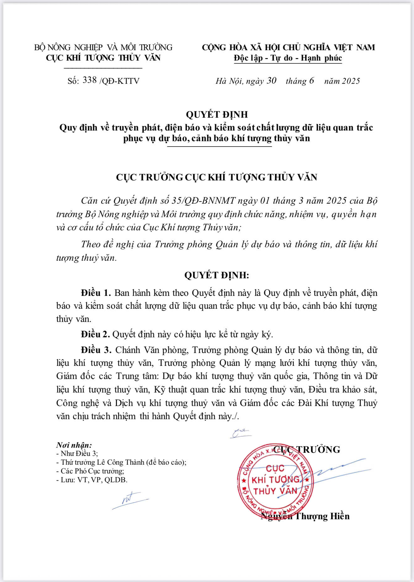 Cục Khí tượng thuỷ văn ban hành Quy định về truyền phát, điện báo và kiểm soát chất lượng dữ liệu quan trắc phục vụ dự báo, cảnh báo