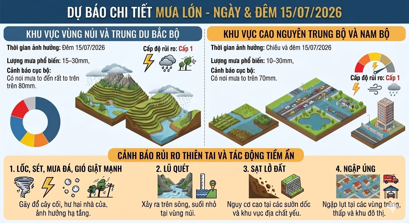 Cảnh báo mưa dông, lốc sét tại Bắc Bộ, Tây Nguyên và Nam Bộ